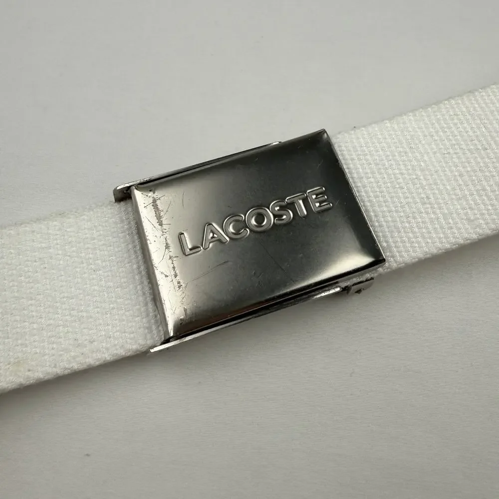 Lacoste White Canvas Web Belt Adjustable Golf Sport Crocodile Logo Y2K Vintage